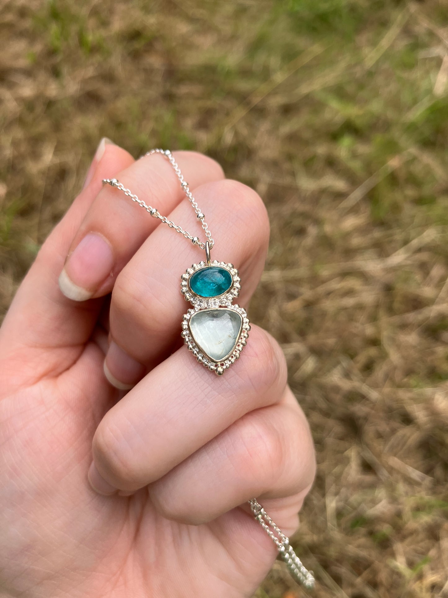 Apatite, Aquamarine and Recycled Sterling Silver Pendant Necklace with Granulation Details on Sterling Silver Chain