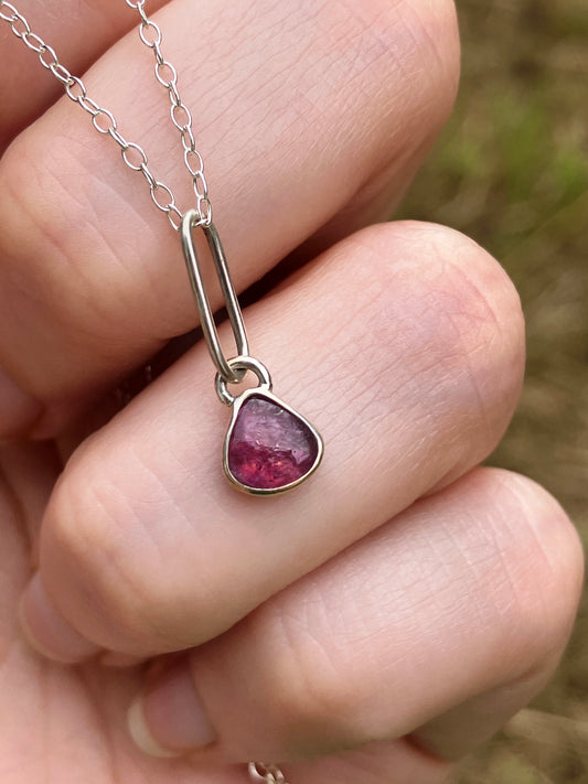 Pink Tourmaline and Sterling Silver Teardrop Pendant Necklace