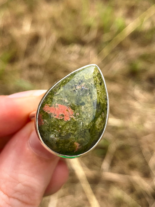 Unakite and Sterling Silver Ring - UK Size P