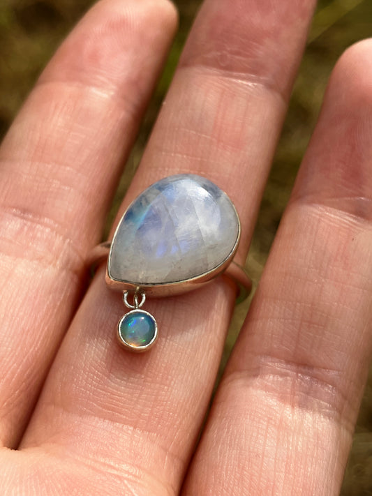 Rainbow Moonstone, Opal and Sterling Silver Ring - UK Size M