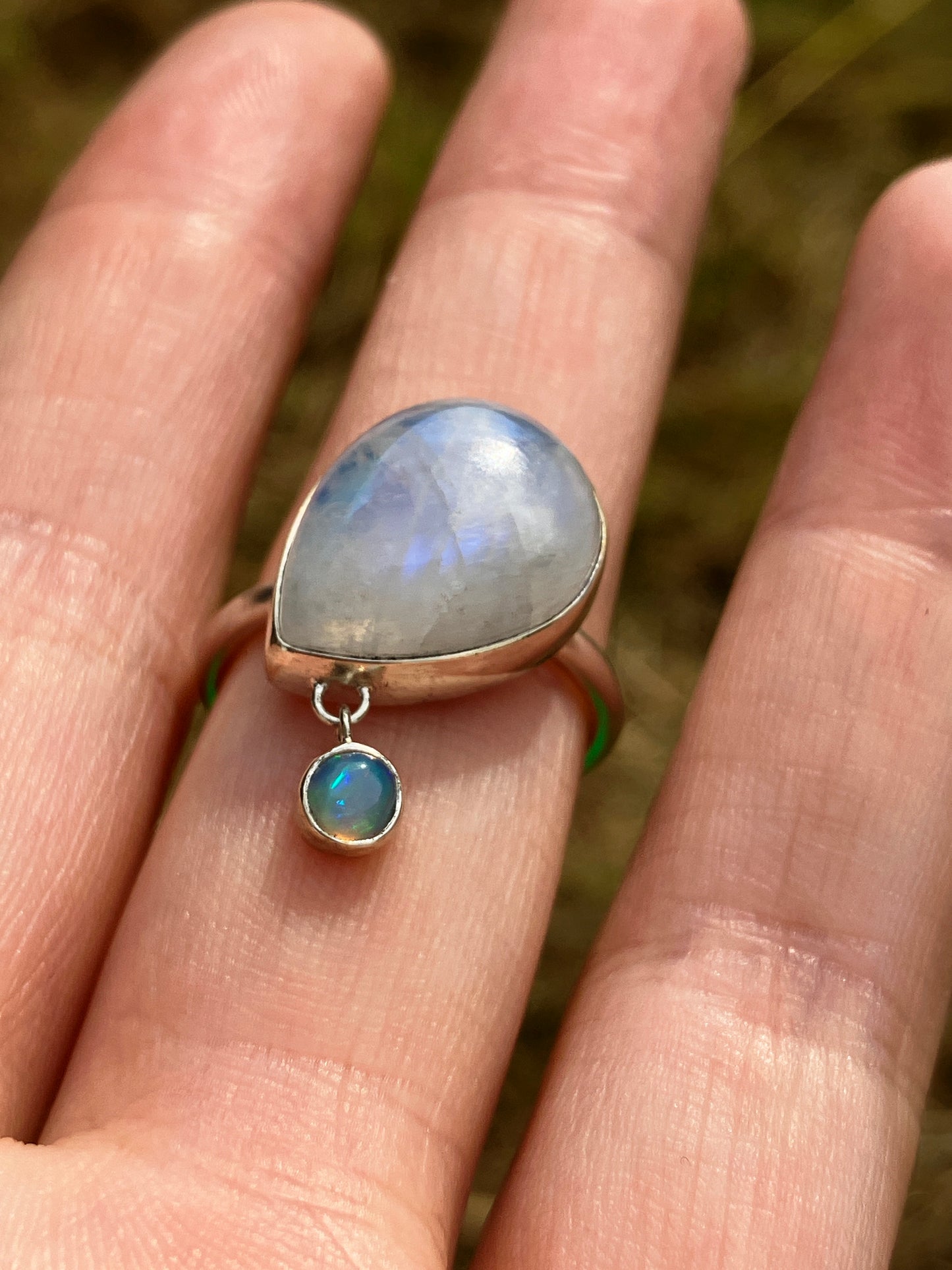 Rainbow Moonstone, Opal and Sterling Silver Ring - UK Size M