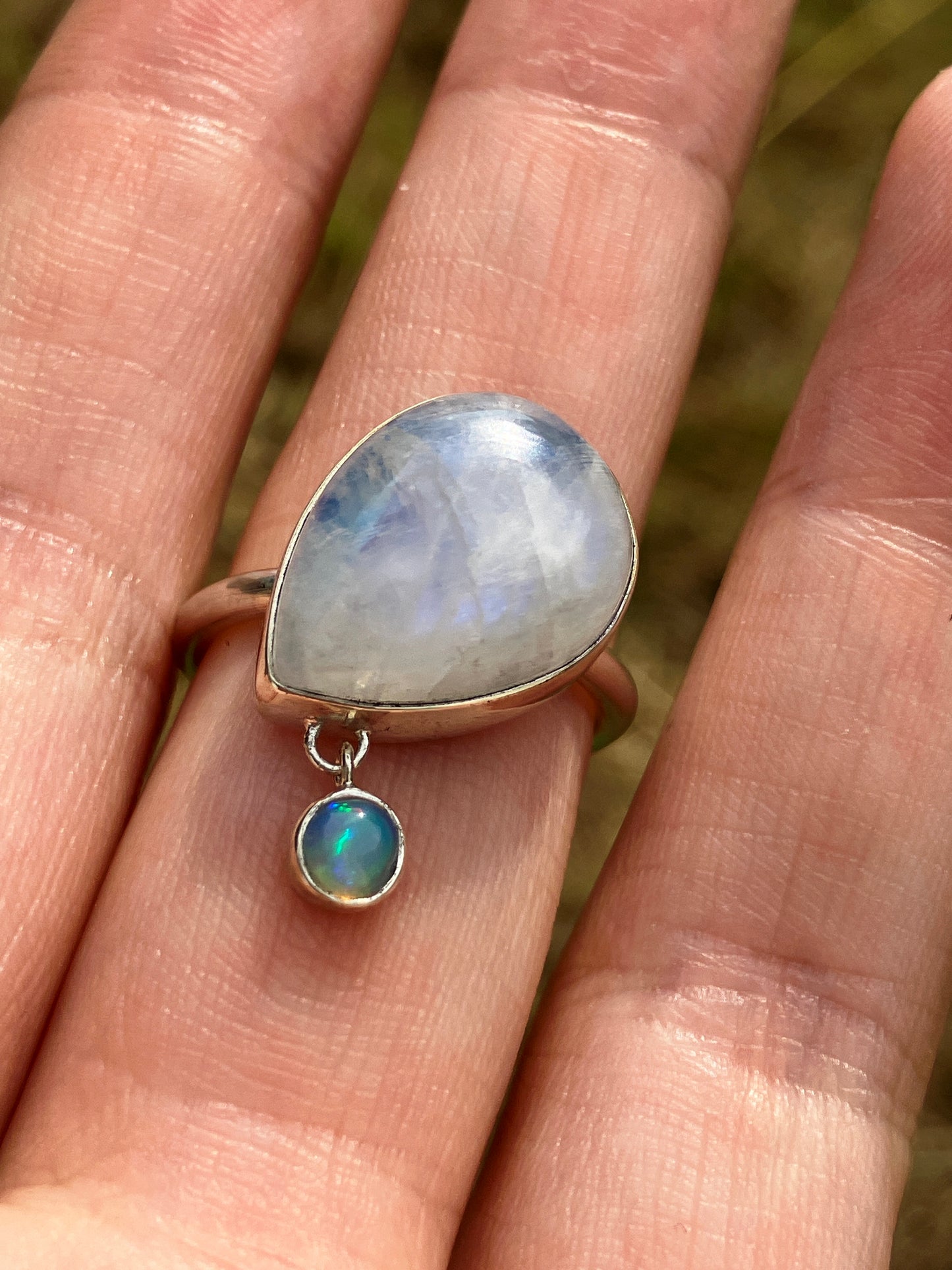 Rainbow Moonstone, Opal and Sterling Silver Ring - UK Size M