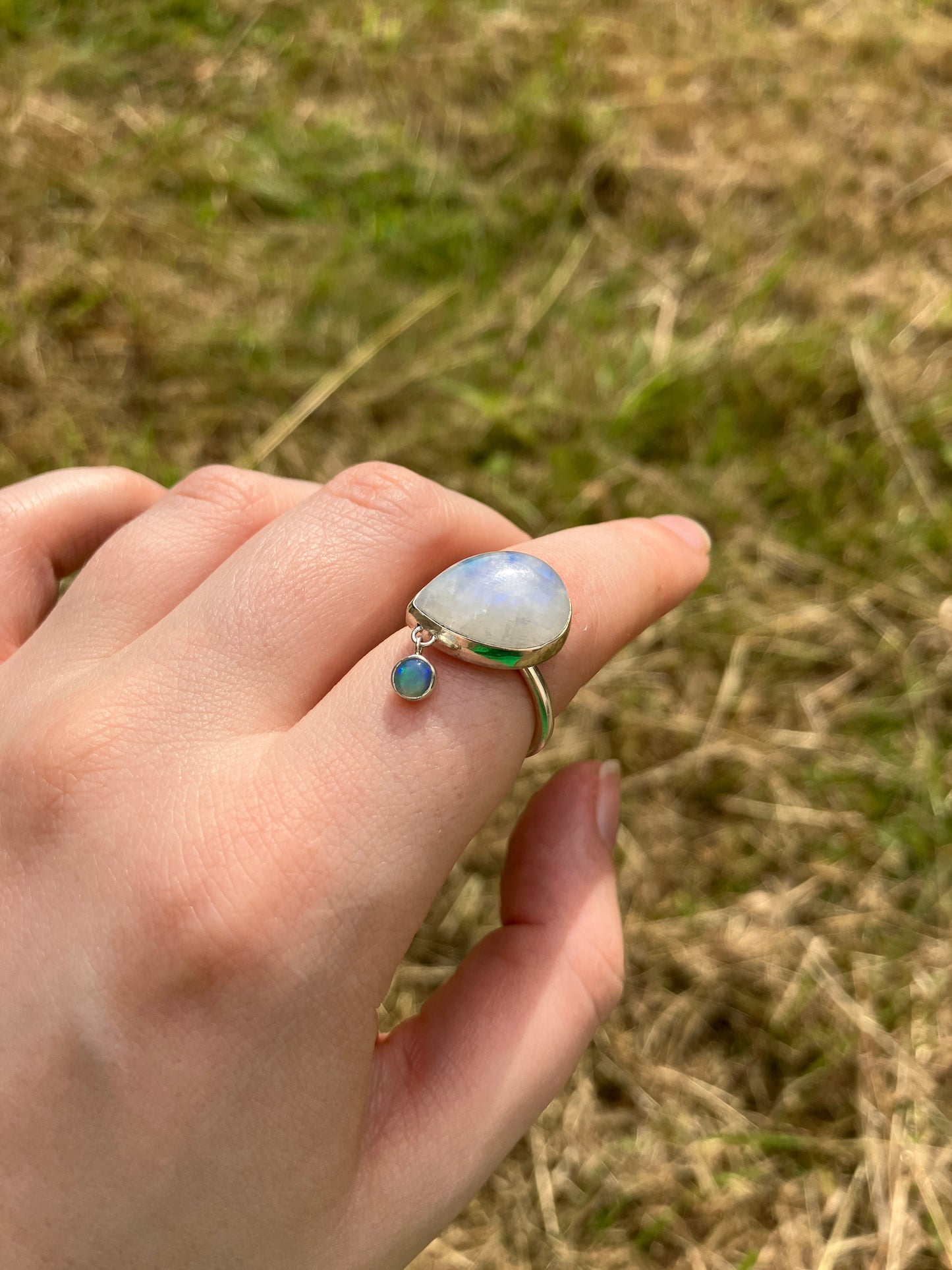 Rainbow Moonstone, Opal and Sterling Silver Ring - UK Size M