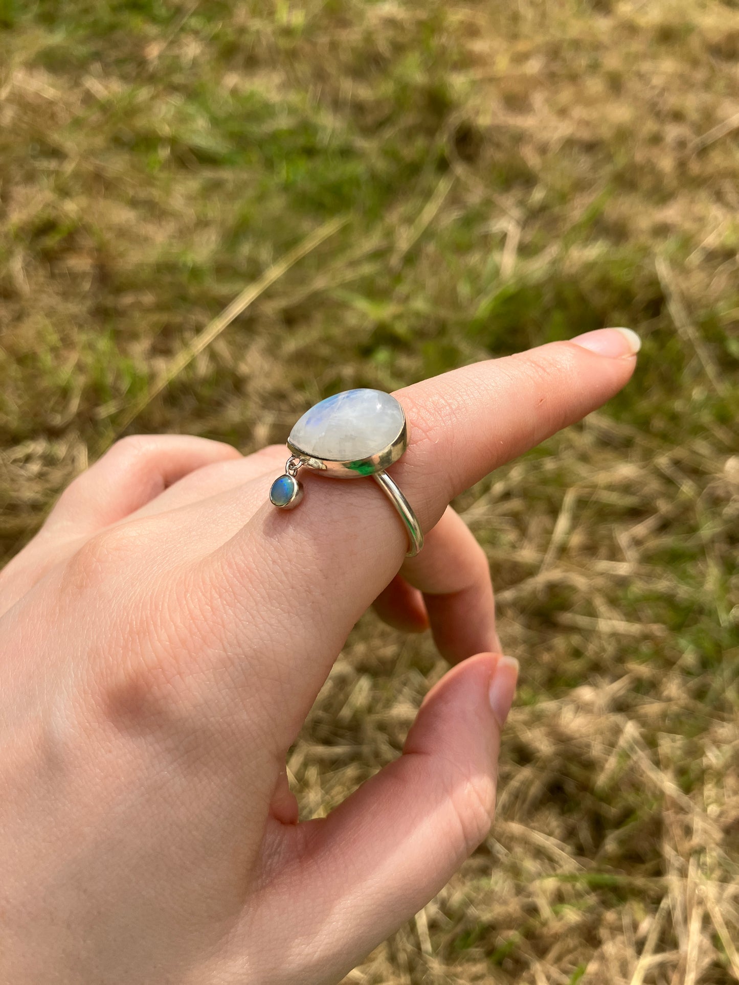 Rainbow Moonstone, Opal and Sterling Silver Ring - UK Size M