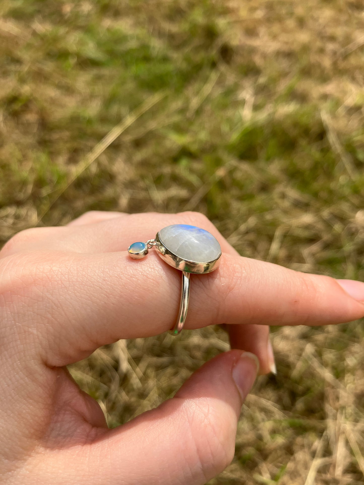 Rainbow Moonstone, Opal and Sterling Silver Ring - UK Size M