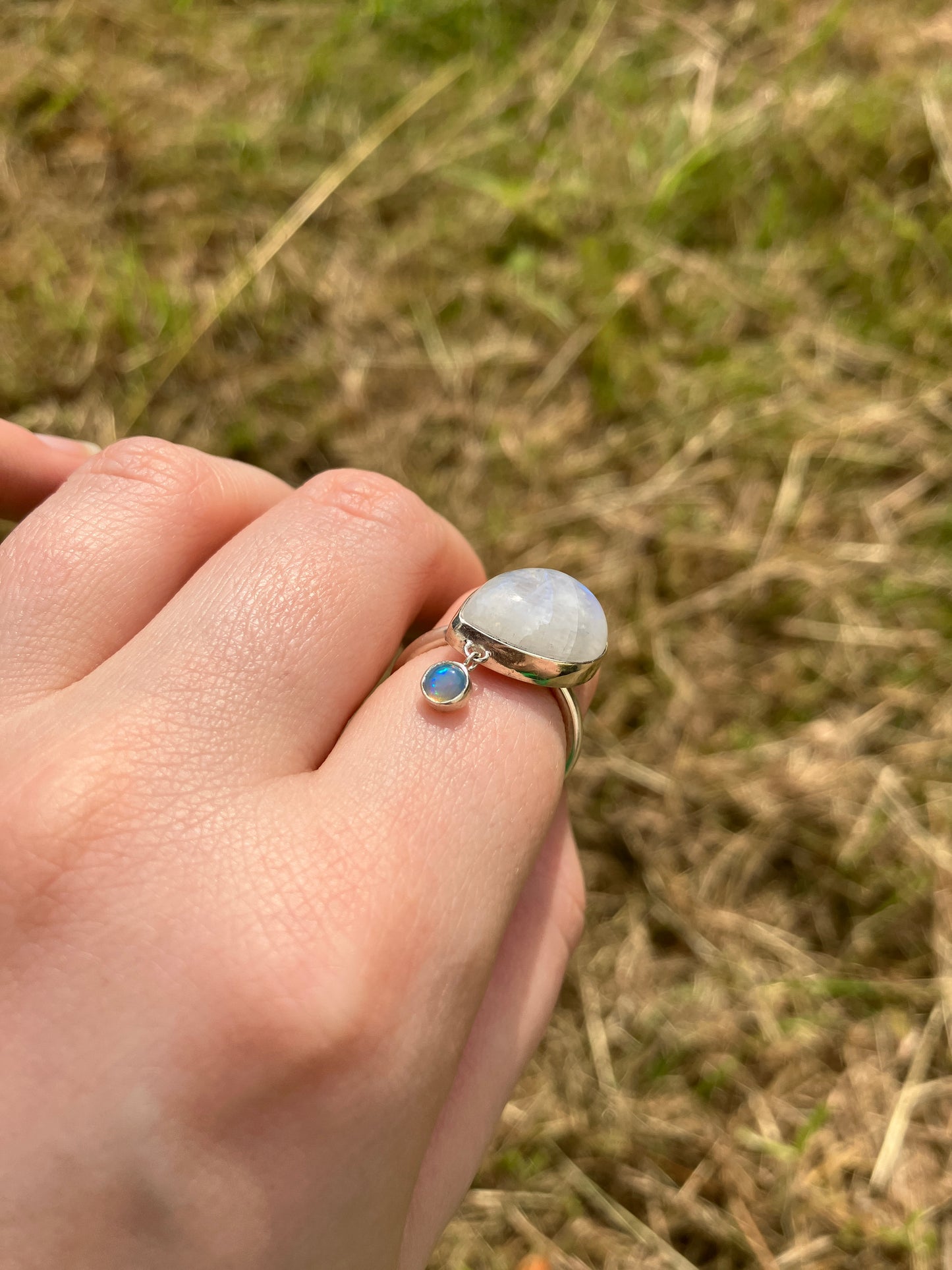 Rainbow Moonstone, Opal and Sterling Silver Ring - UK Size M