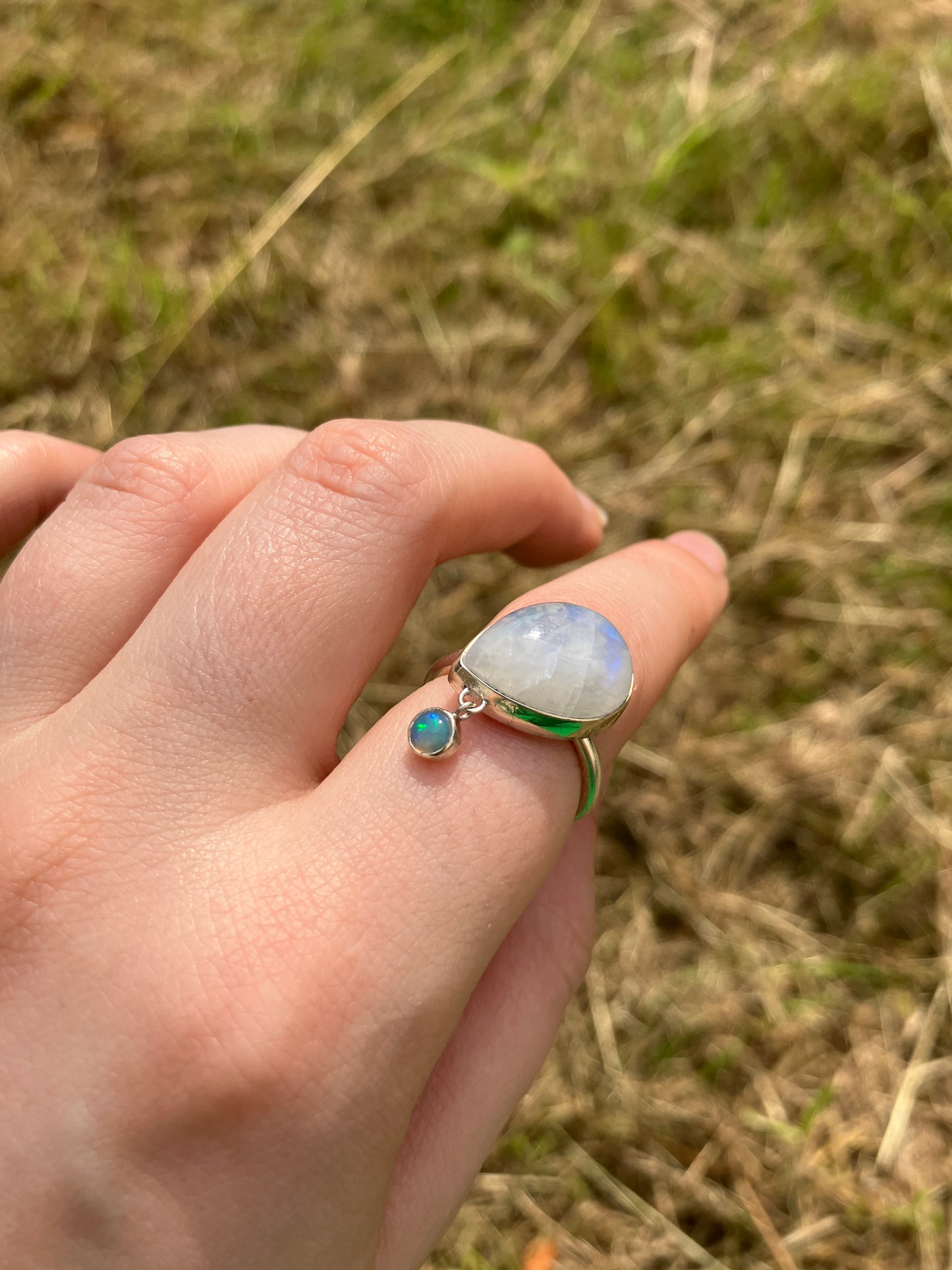 Rainbow Moonstone, Opal and Sterling Silver Ring - UK Size M