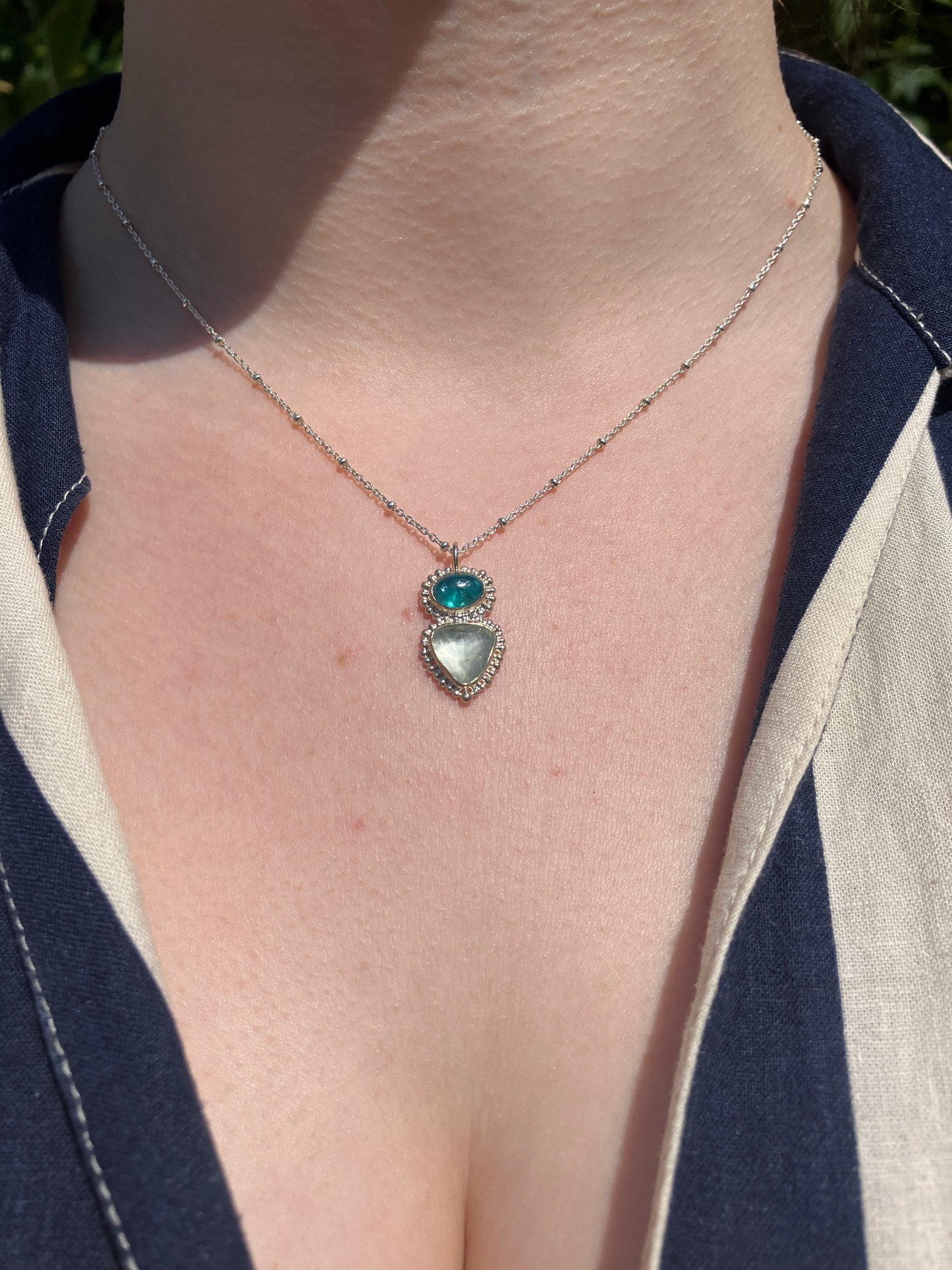 Apatite, Aquamarine and Recycled Sterling Silver Pendant Necklace with Granulation Details on Sterling Silver Chain