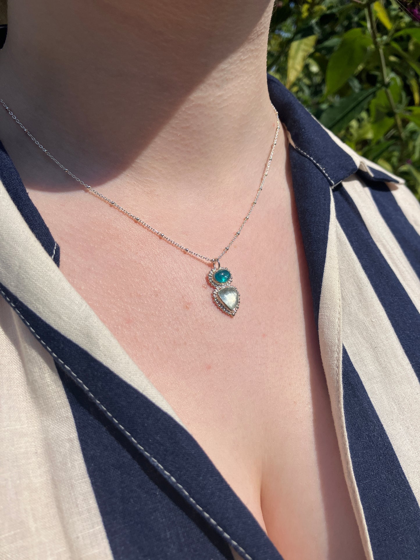 Apatite, Aquamarine and Recycled Sterling Silver Pendant Necklace with Granulation Details on Sterling Silver Chain