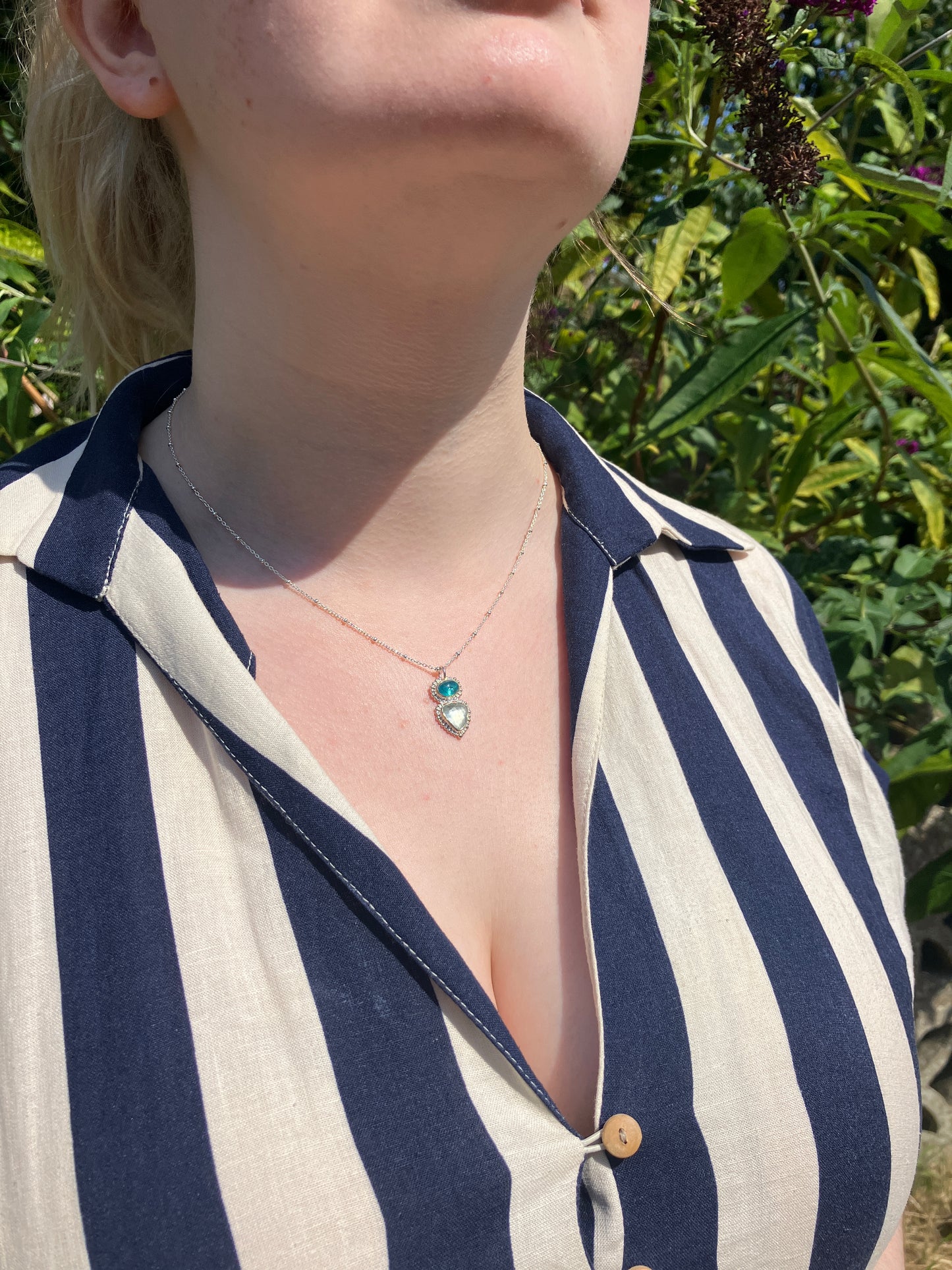 Apatite, Aquamarine and Recycled Sterling Silver Pendant Necklace with Granulation Details on Sterling Silver Chain