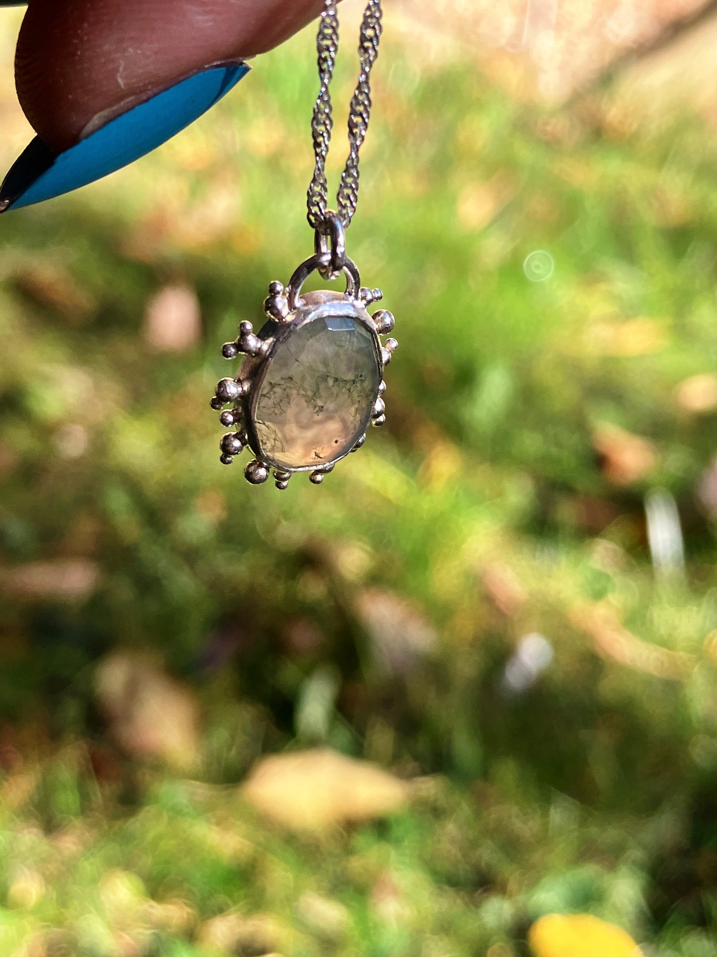 Moss Agate and Sterling Silver Pendant Necklace with Granulation Detail