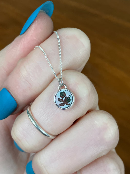 Flower Engraved Bloodstone and Sterling Silver Pendant Necklace
