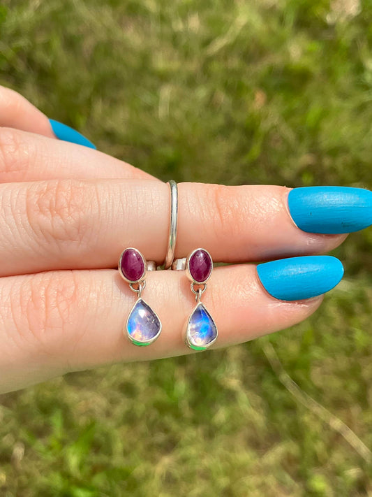 Ruby, Rainbow Moonstone and Sterling Silver Stud Earrings
