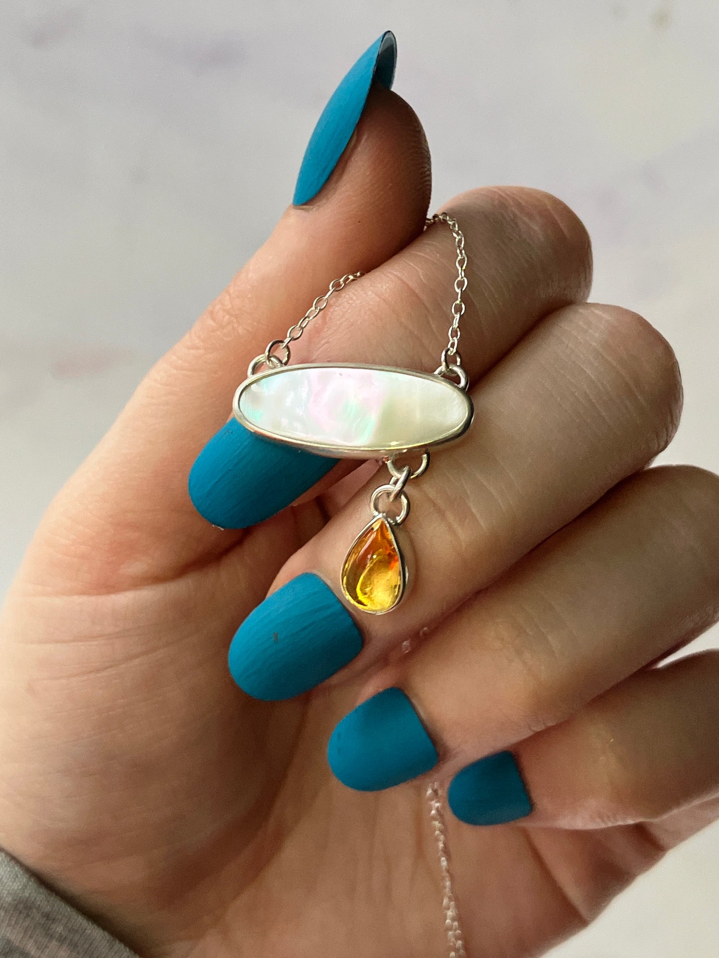 Piña Colada - Mother of Pearl, Citrine and Sterling Silver Necklace with Sterling Silver Chain