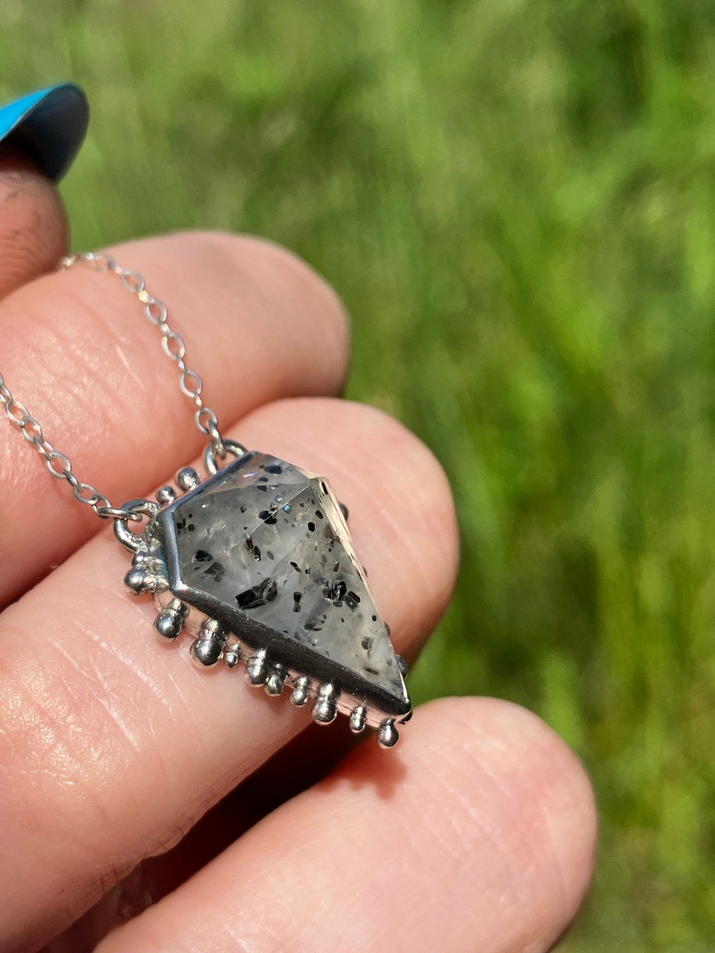 Tourmalinated Quartz and Recycled Sterling Silver Granulation Pendant Necklace