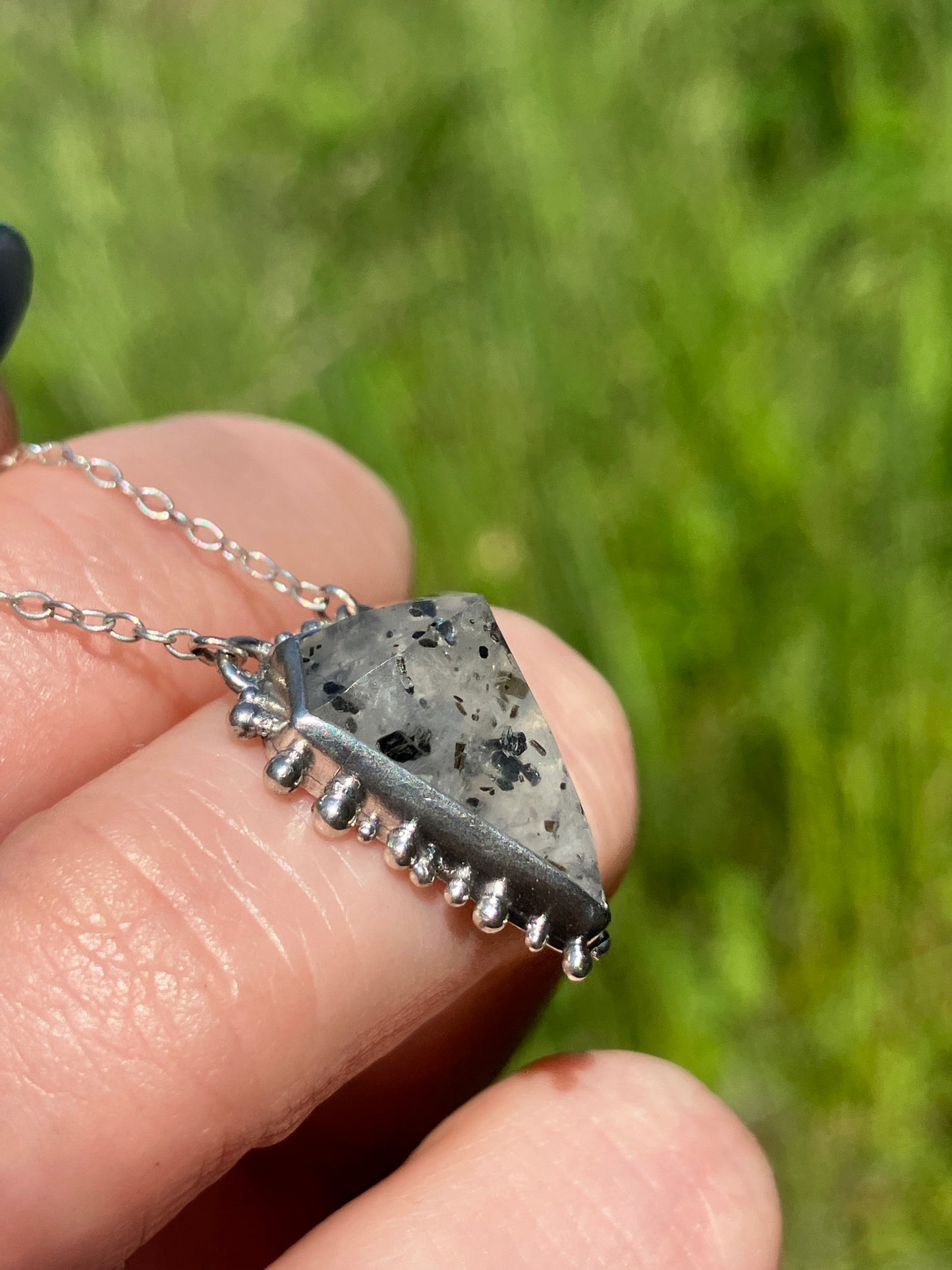 Tourmalinated Quartz and Recycled Sterling Silver Granulation Pendant Necklace