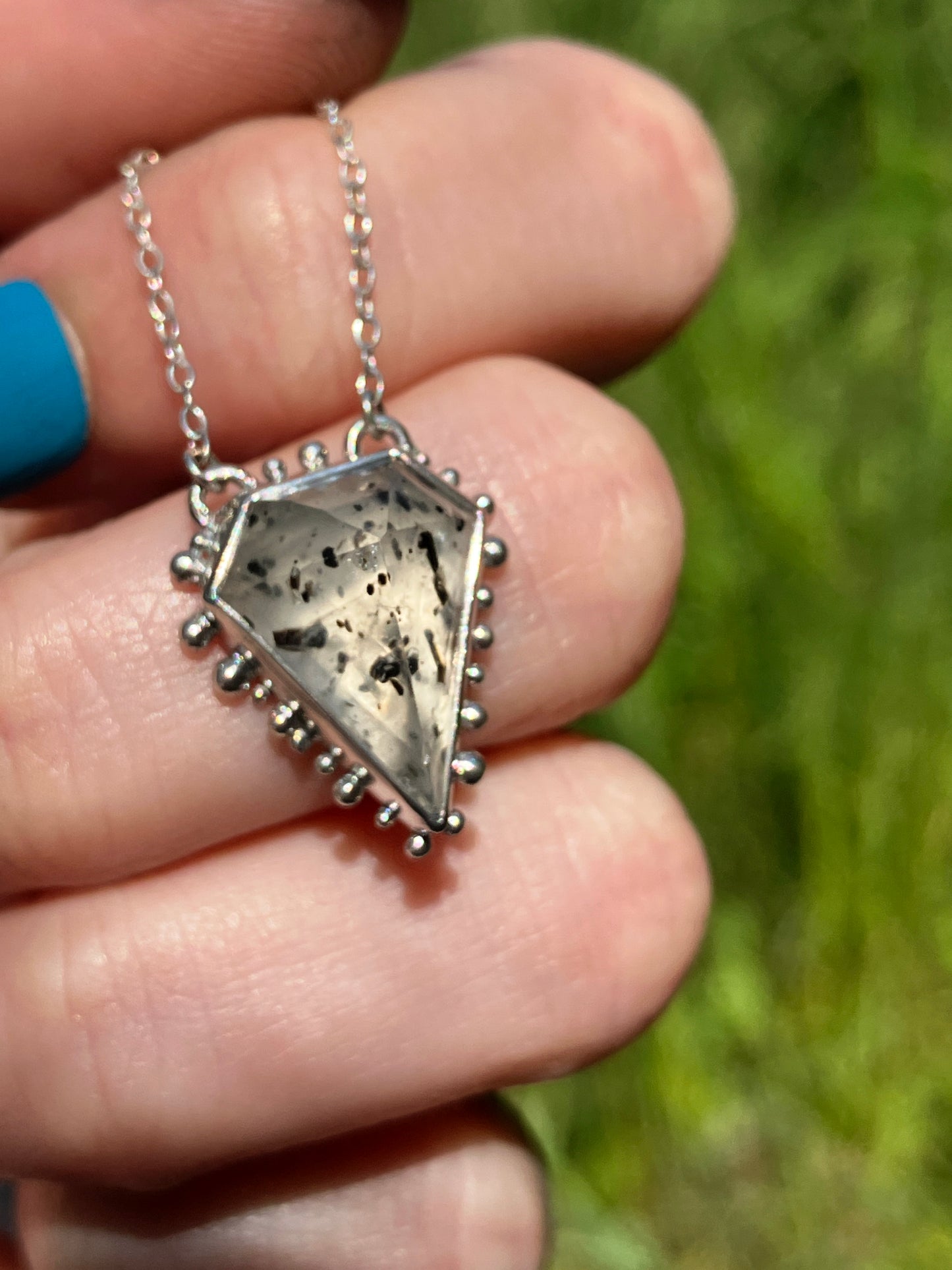 Tourmalinated Quartz and Recycled Sterling Silver Granulation Pendant Necklace