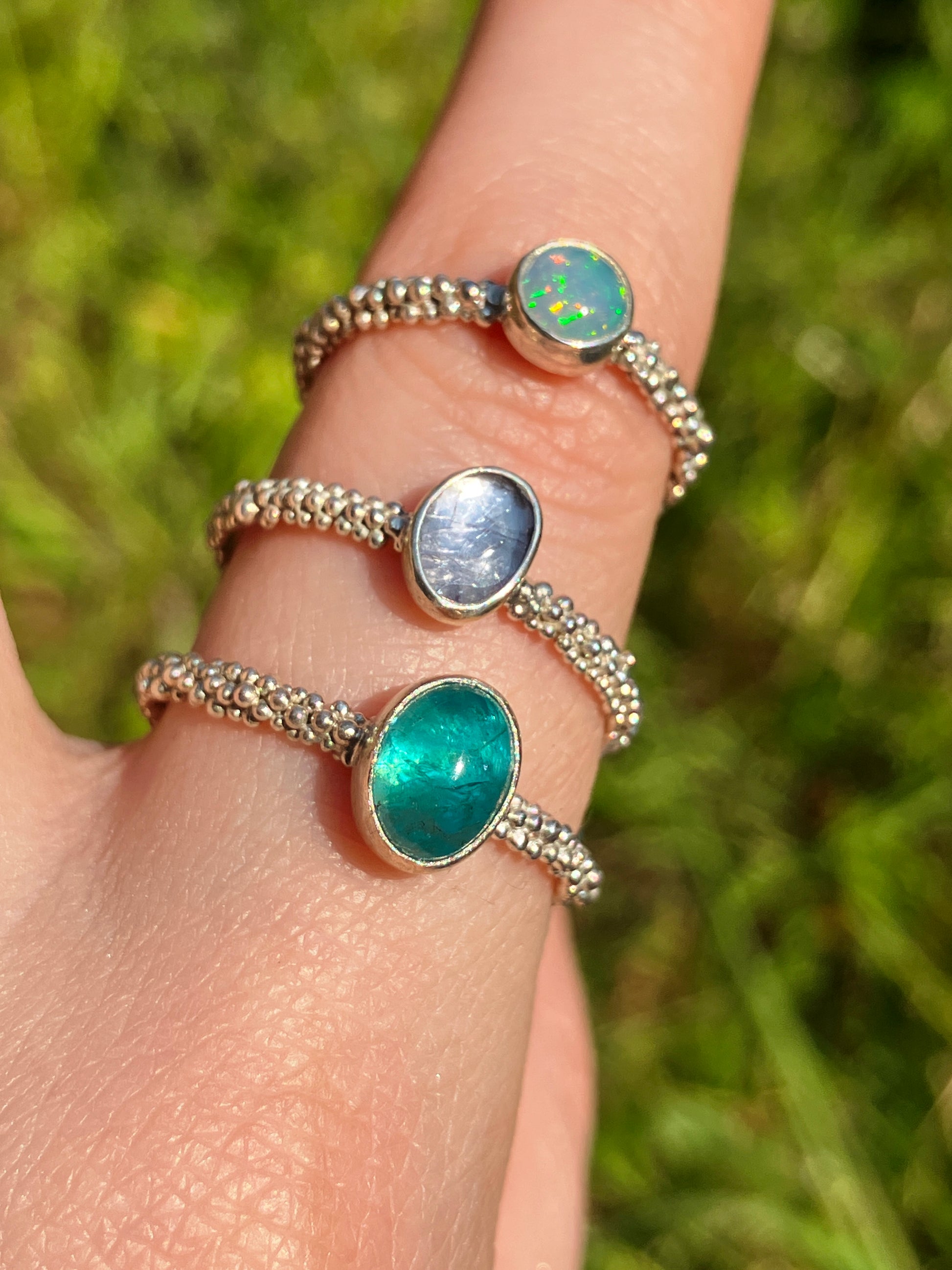 Gemstone Imogen Rings Apatite, Opal, Tanzanite and Sterling Silver Ring with Granulation Detail