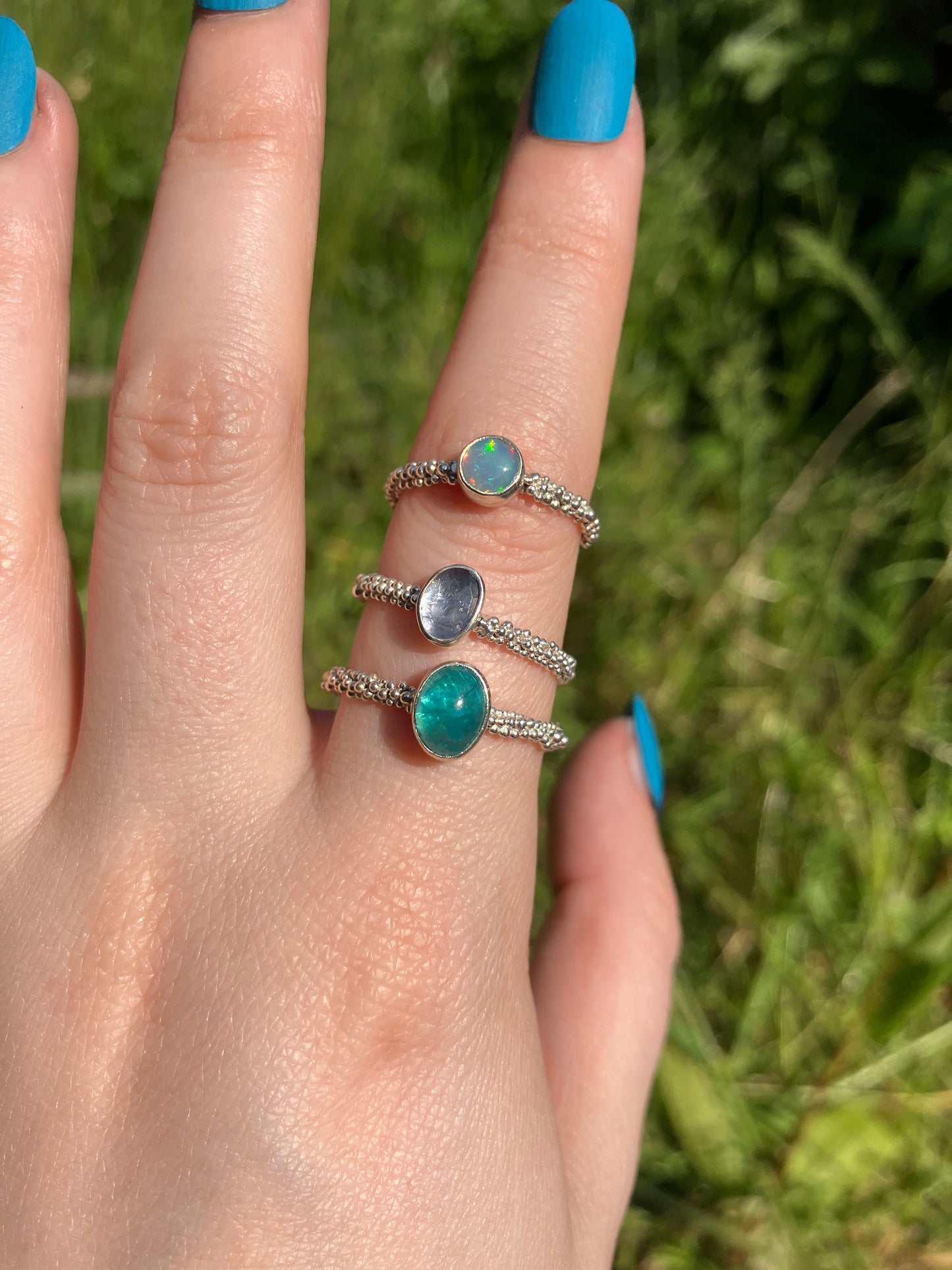 Gemstone Imogen Rings - Apatite, Opal, Tanzanite and Sterling Silver Ring with Granulation Detail