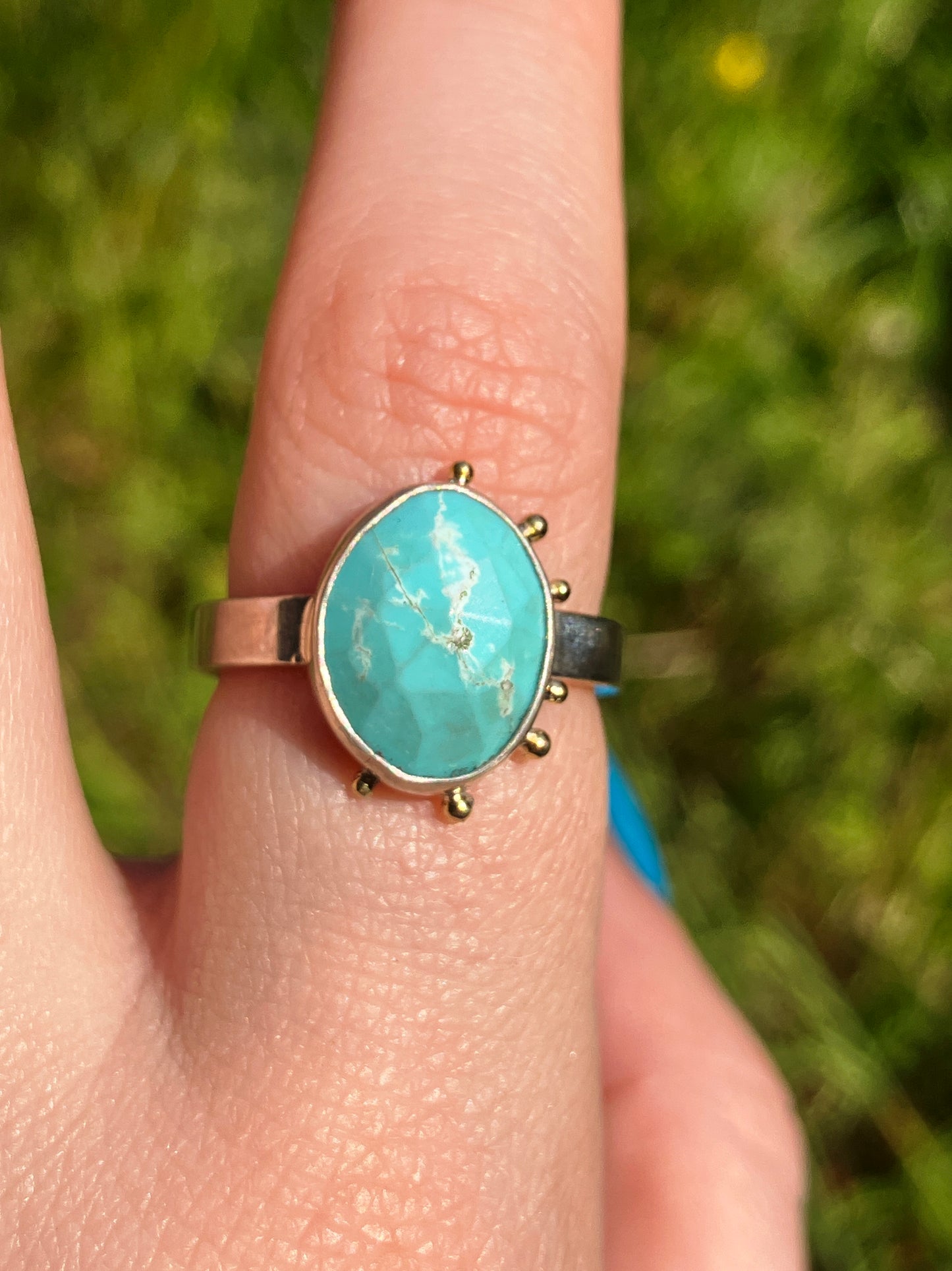 Turquoise, Sterling Silver and 18ct Gold Ring with Granulation Detailing - UK Size N