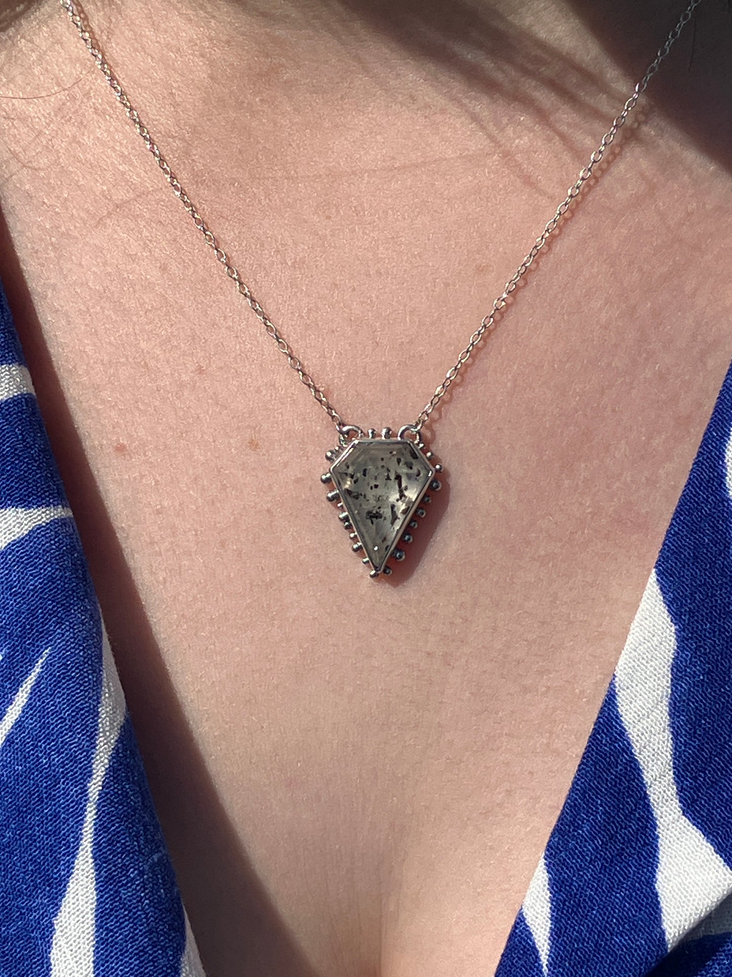 Tourmalinated Quartz and Recycled Sterling Silver Granulation Pendant Necklace