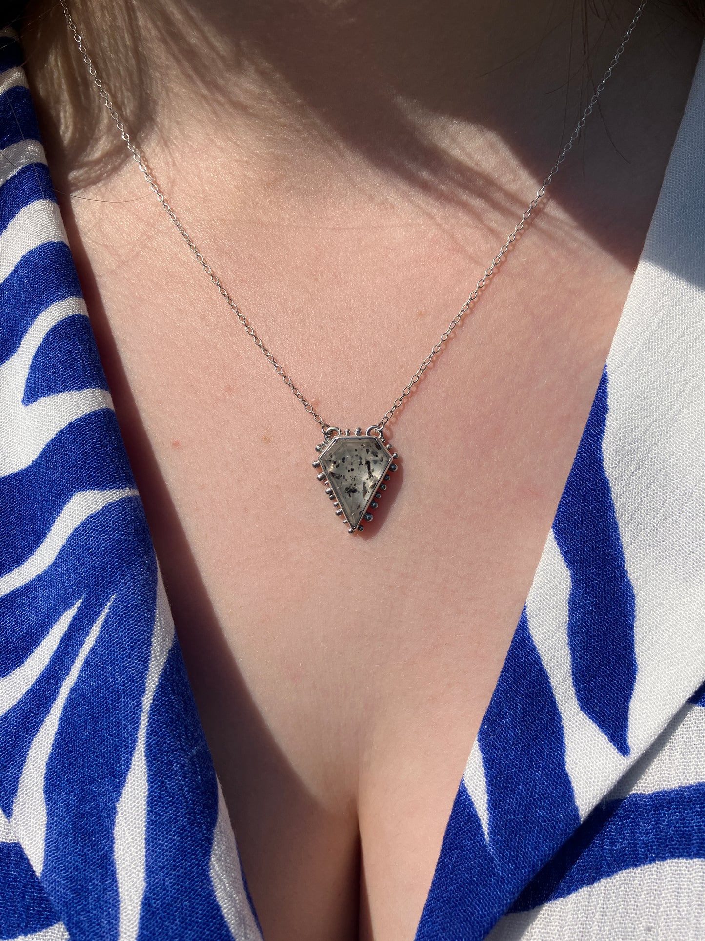 Tourmalinated Quartz and Recycled Sterling Silver Granulation Pendant Necklace