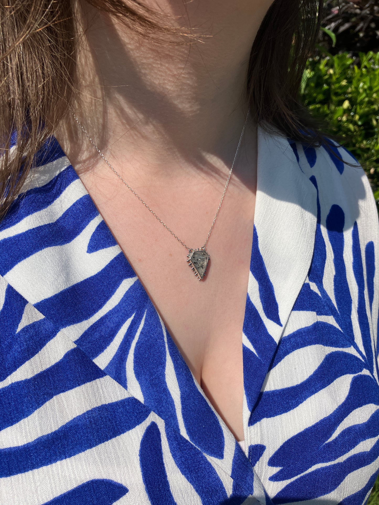 Tourmalinated Quartz and Recycled Sterling Silver Granulation Pendant Necklace