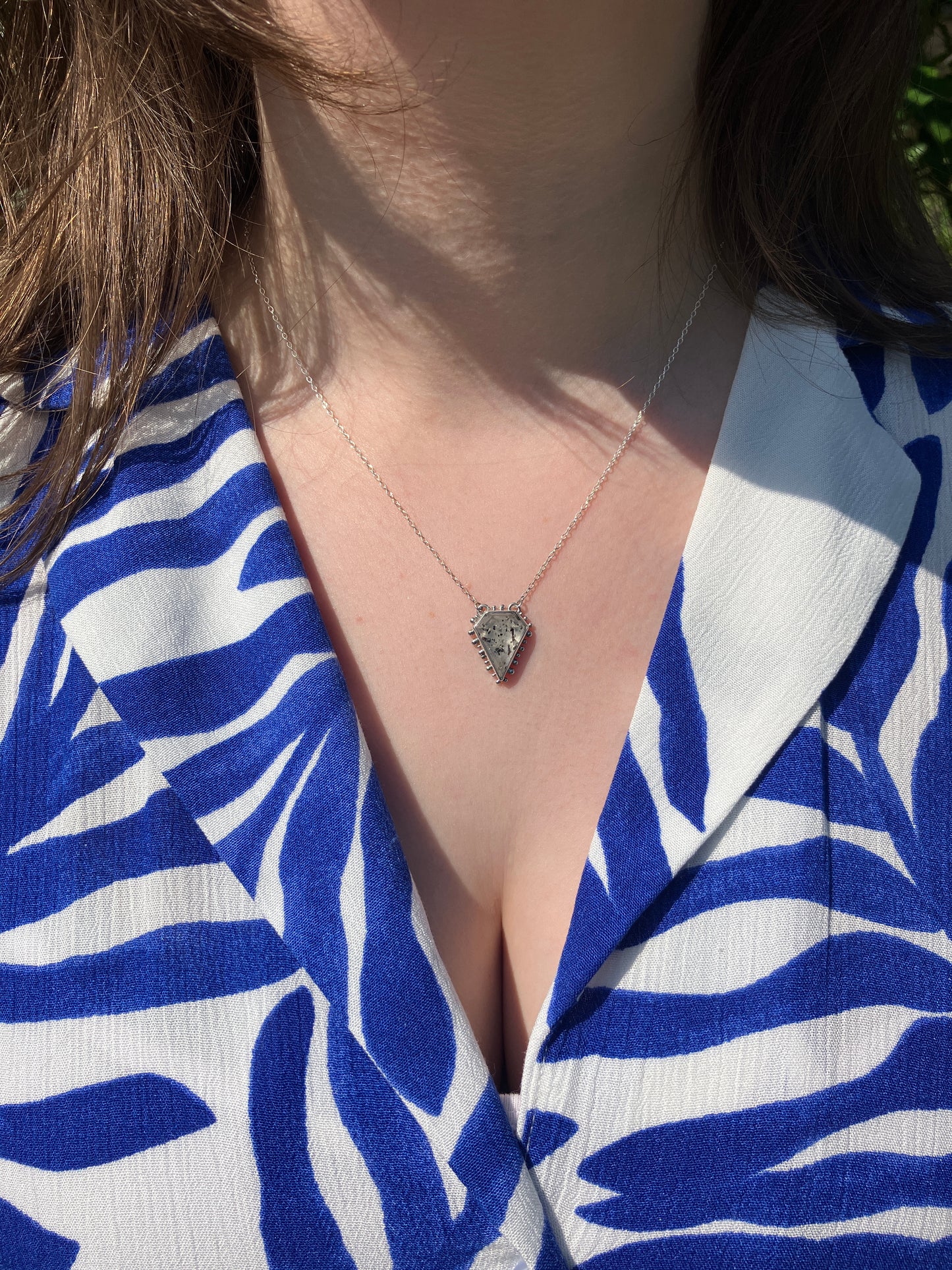 Tourmalinated Quartz and Recycled Sterling Silver Granulation Pendant Necklace