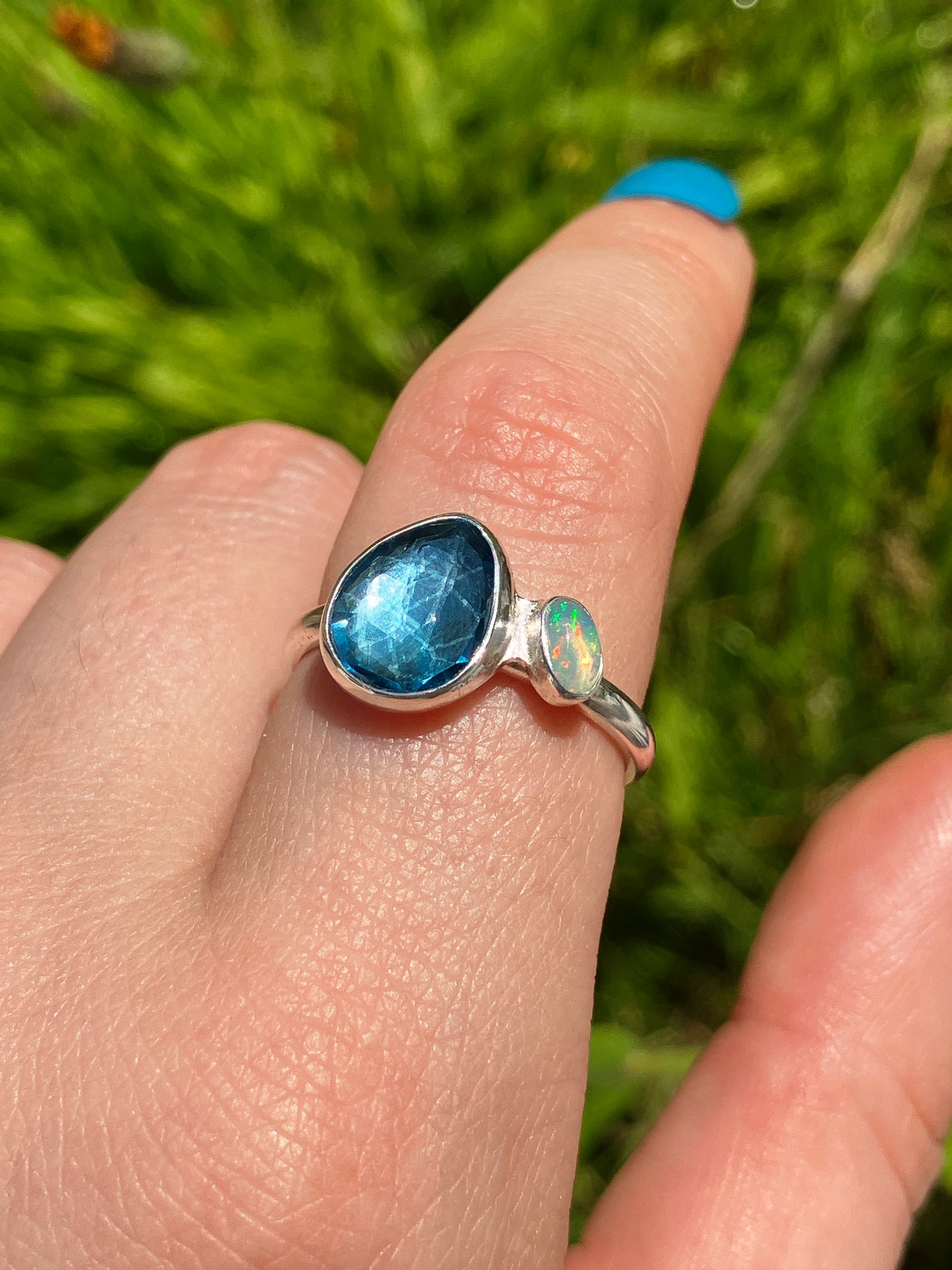 London Blue Topaz, Opal and Sterling Silver Ring - UK Size Q