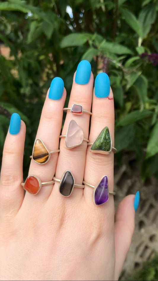 Sterling Silver and Tumbled Gemstone Rings: Amethyst, Garnet, Tiger's Eye, Carnelian, Black Tourmaline, Seraphinite, Red Jasper, Rose Quartz