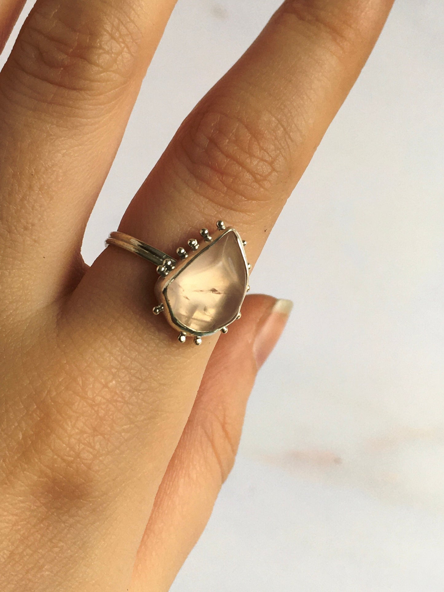 Rose Quartz and Sterling Silver Statement Stacking Ring with Granulation Details and Split Band