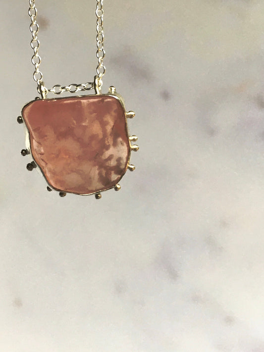 Rose Quartz and Sterling Silver Pendant Necklace with Hidden Detailed Granulation