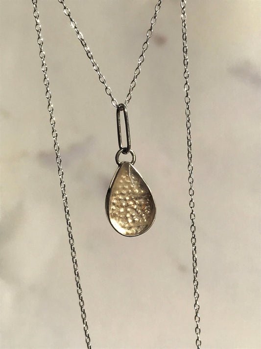 Rutilated Quartz and Sterling Silver Granulation Backed Teardrop Pendant Necklace