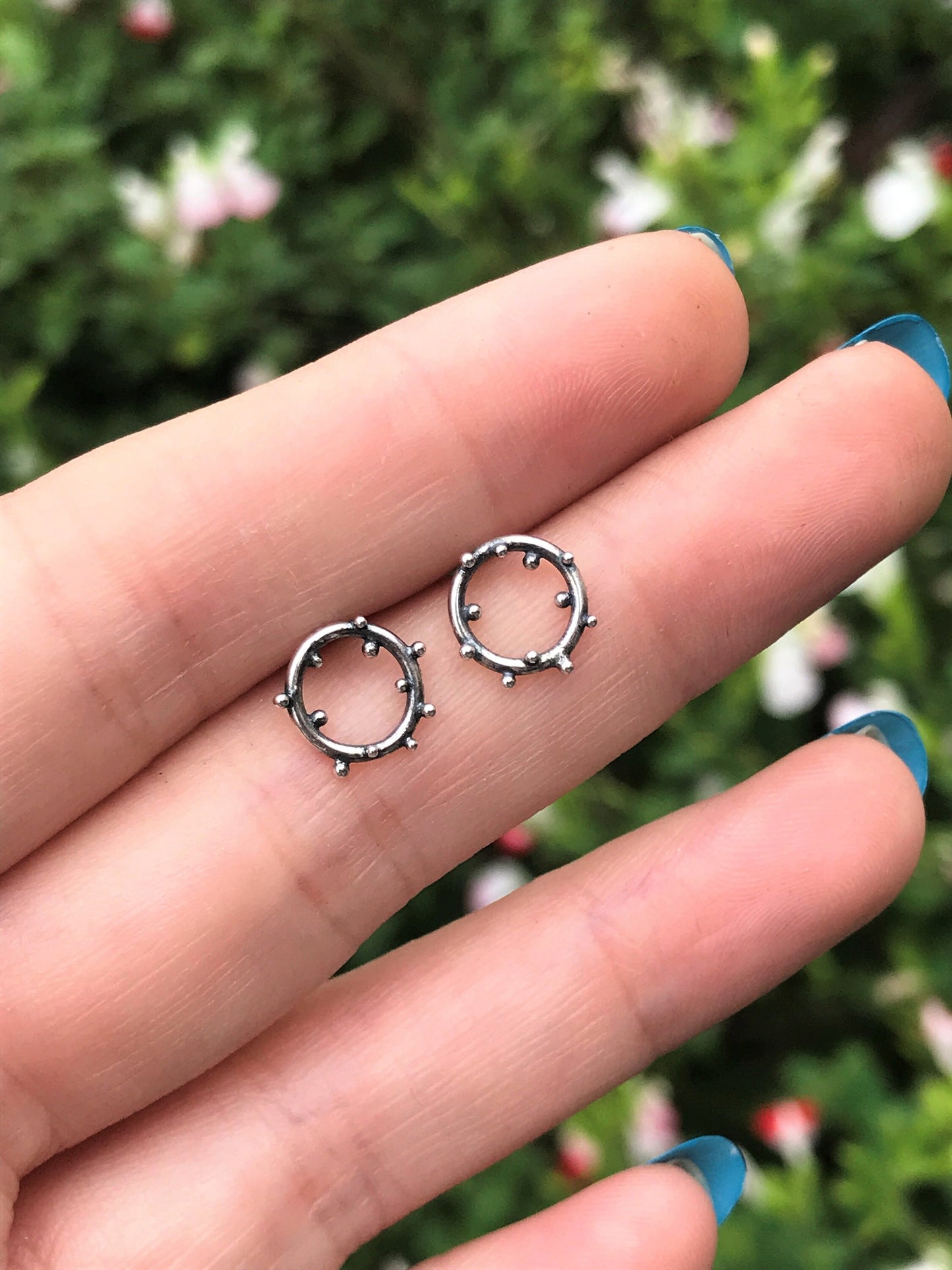 Sterling Silver Iota Circle Stud Earrings with Granulation - Mini (Silver and Black), Midi and Maxi