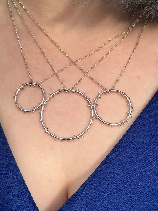 Sterling Silver Iota Circle Necklaces with Granulation in Varying Sizes