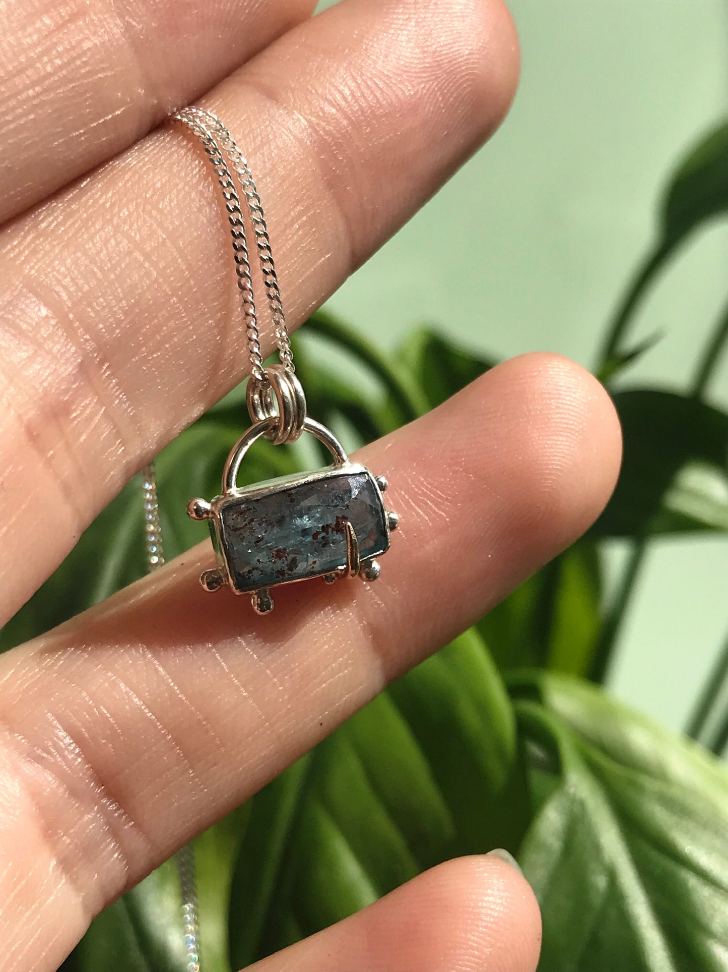 Teal Moss Kyanite and Sterling Silver Pendant Necklace with Granulation and 9ct Gold Claw Detail
