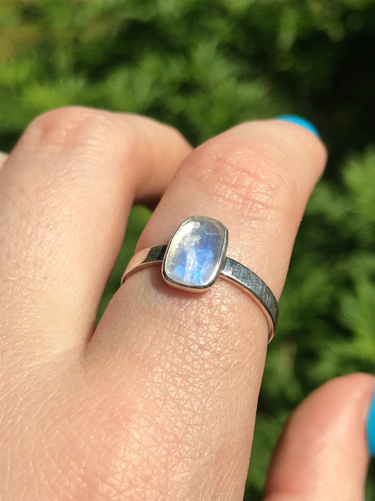 Rainbow Moonstone and Sterling Silver Ring - UK Size O