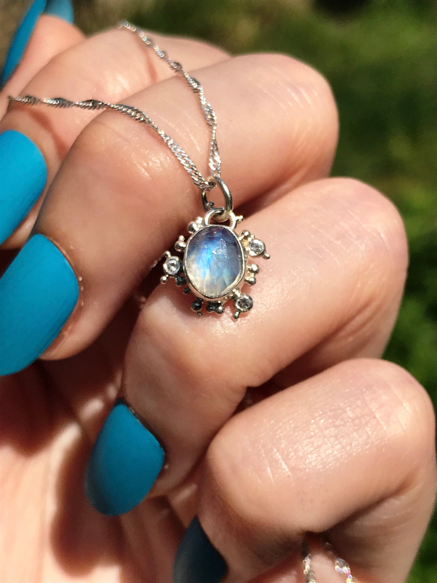 Rainbow Moonstone, White Topaz and Sterling Silver Granulation Pendant Necklace on Twisted Sterling Silver Chain