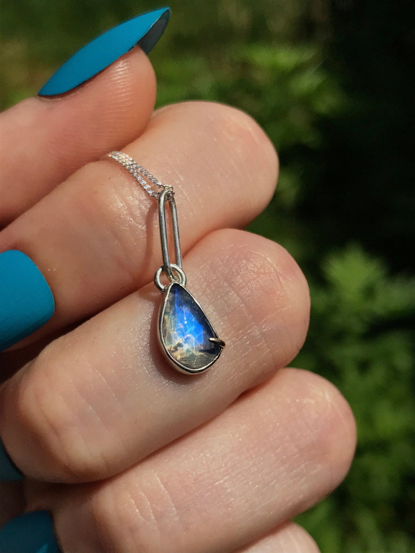 Rainbow Moonstone, 9ct Gold and Sterling Silver Pendant Necklace on Sterling Silver Chain