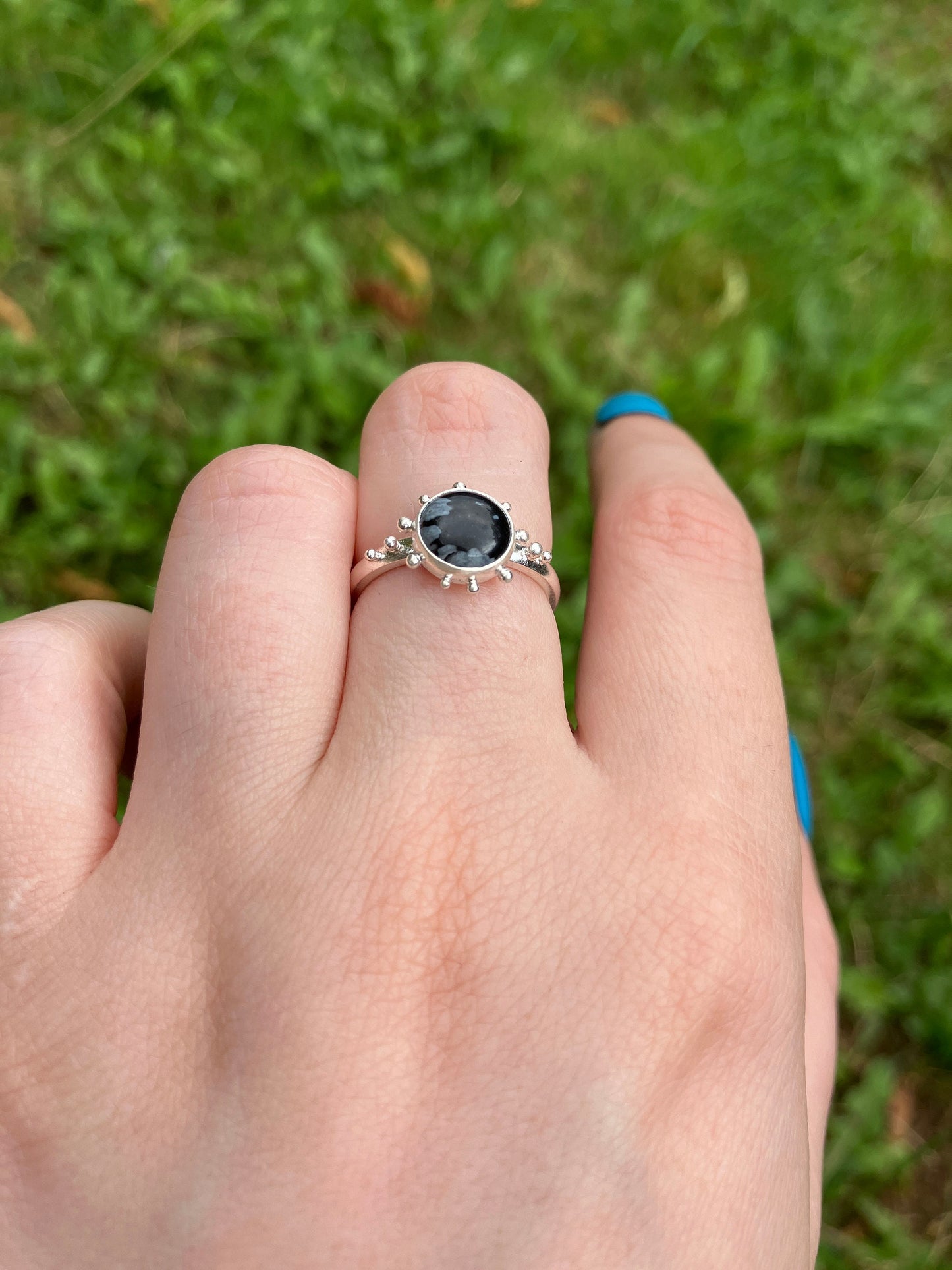 Snowflake Obsidian and Sterling Silver Granulation Ring - UK Size L