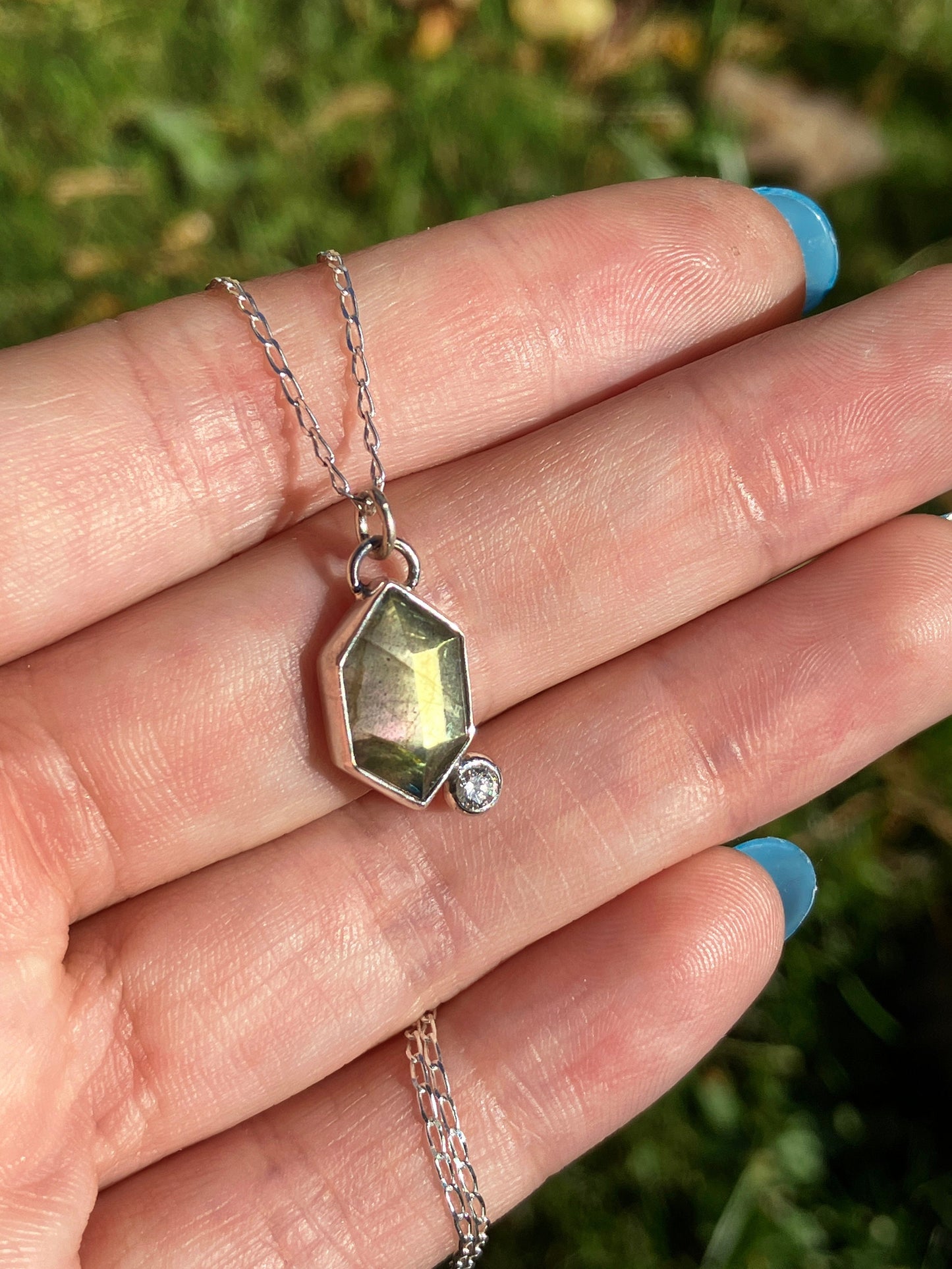 Labradorite, Cubic Zirconia and Sterling Silver Pendant Necklace on Sterling Silver Chain