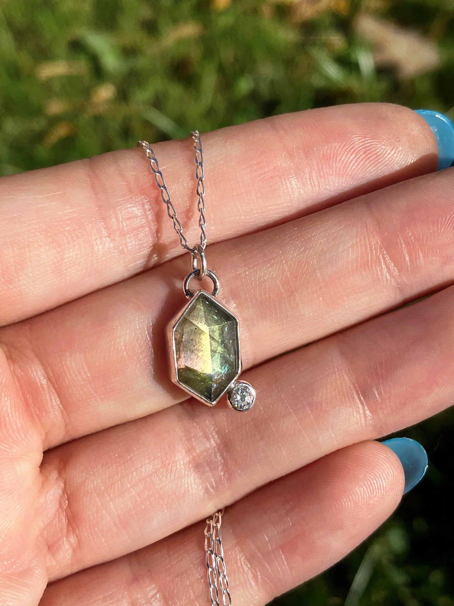 Labradorite, Cubic Zirconia and Sterling Silver Pendant Necklace on Sterling Silver Chain