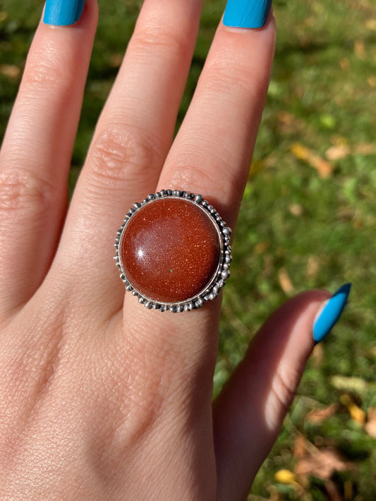 Goldstone and Sterling Silver Granulation Ring - UK Size N