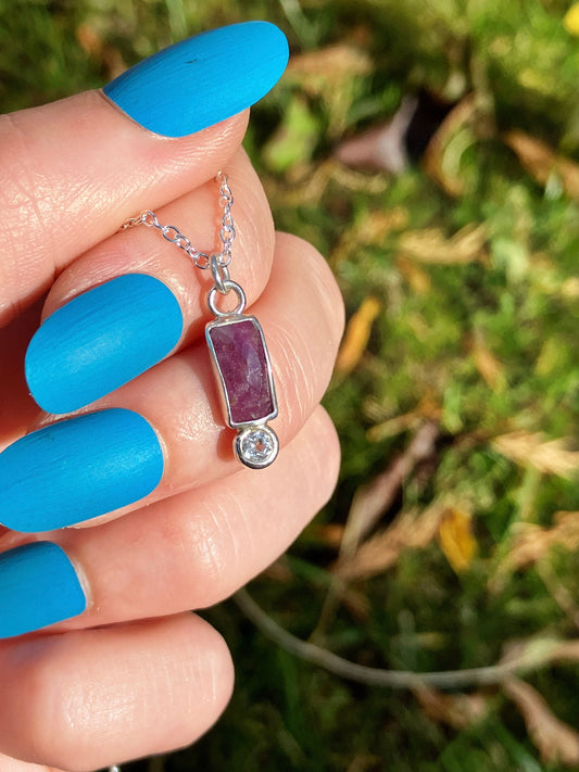 Pink Sapphire, White Sapphire and Sterling Silver Pendant Necklace on Chain