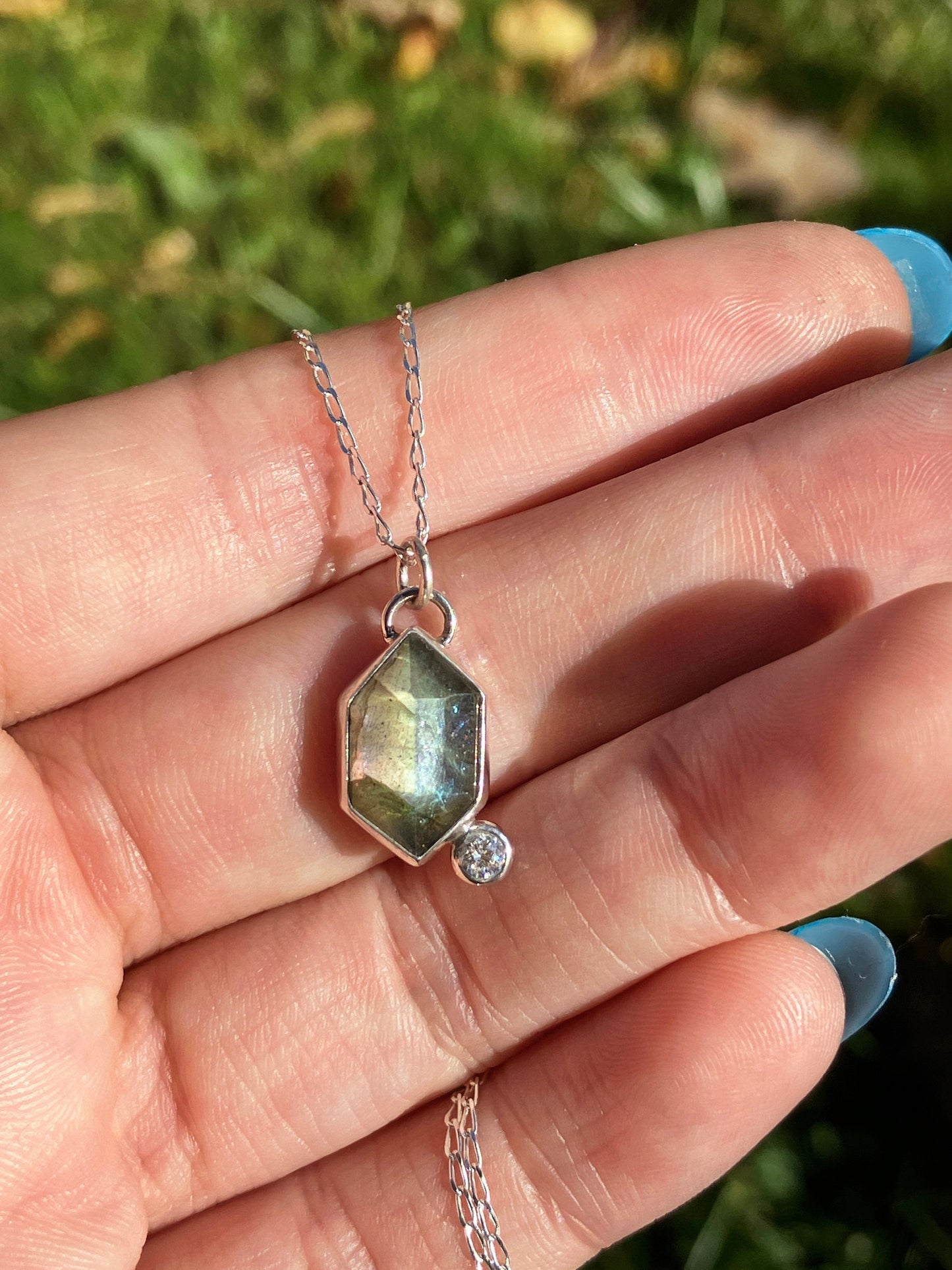 Labradorite, Cubic Zirconia and Sterling Silver Pendant Necklace on Sterling Silver Chain