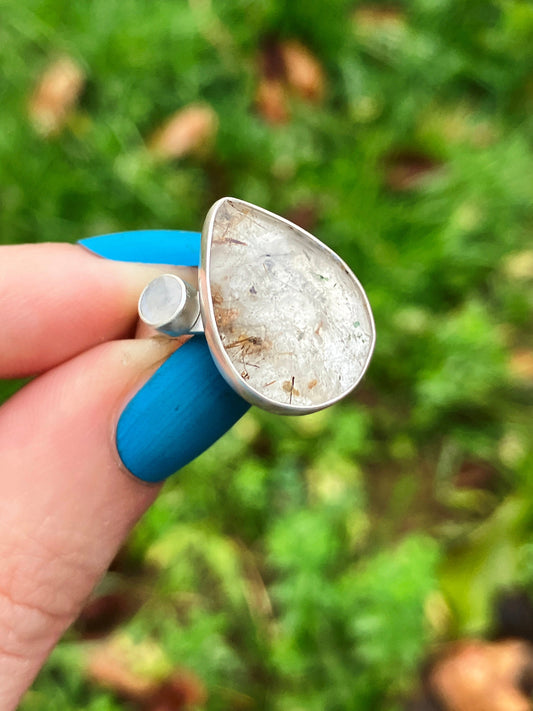 Rutilated Quartz, Rainbow Moonstone and Sterling Silver Ring - UK Size Q