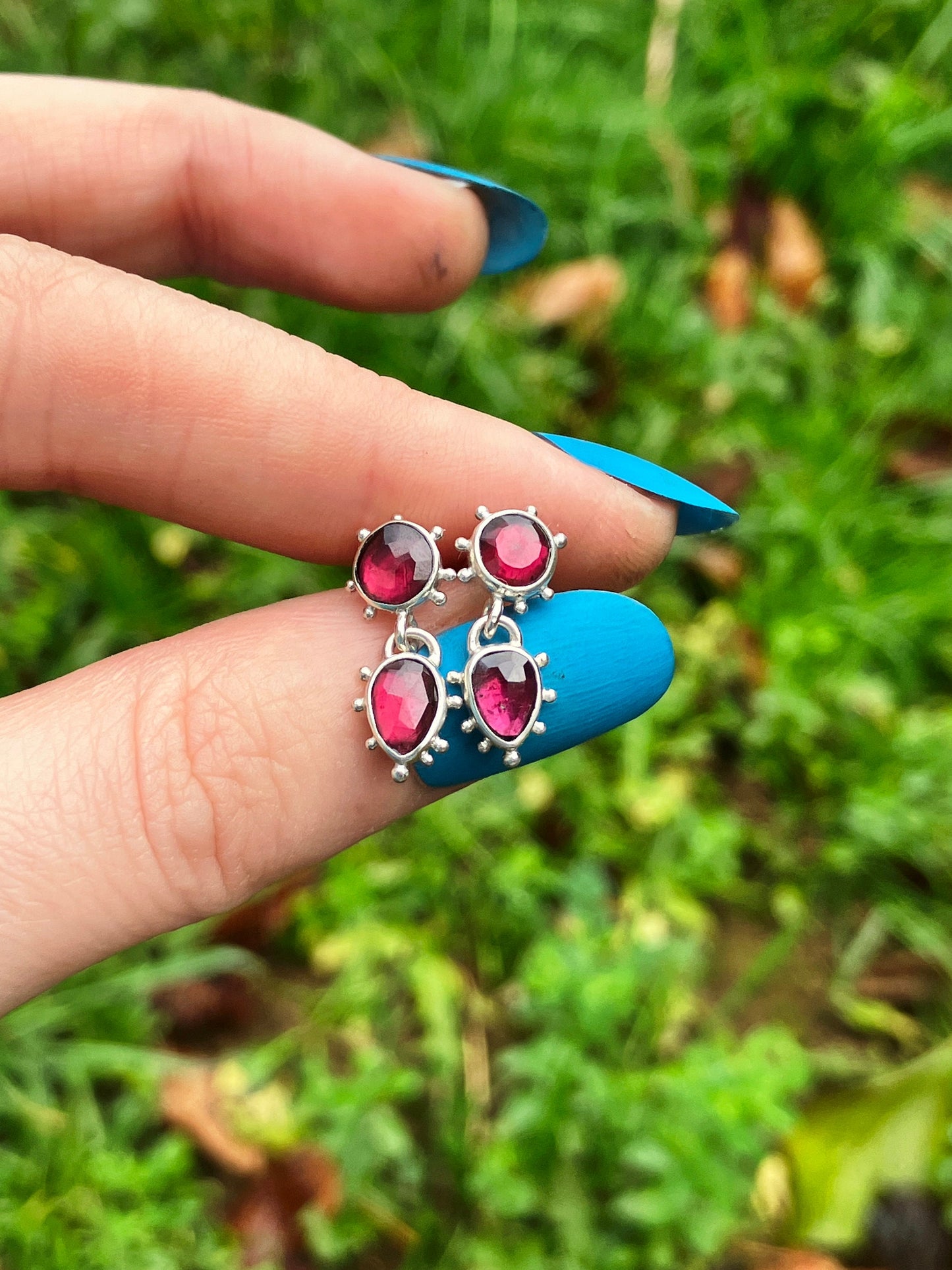 Garnet and Sterling Silver Stud Earrings with Granulation Detail