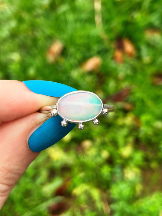 Opal and Sterling Silver Ring with Granulation Detail - UK Size R