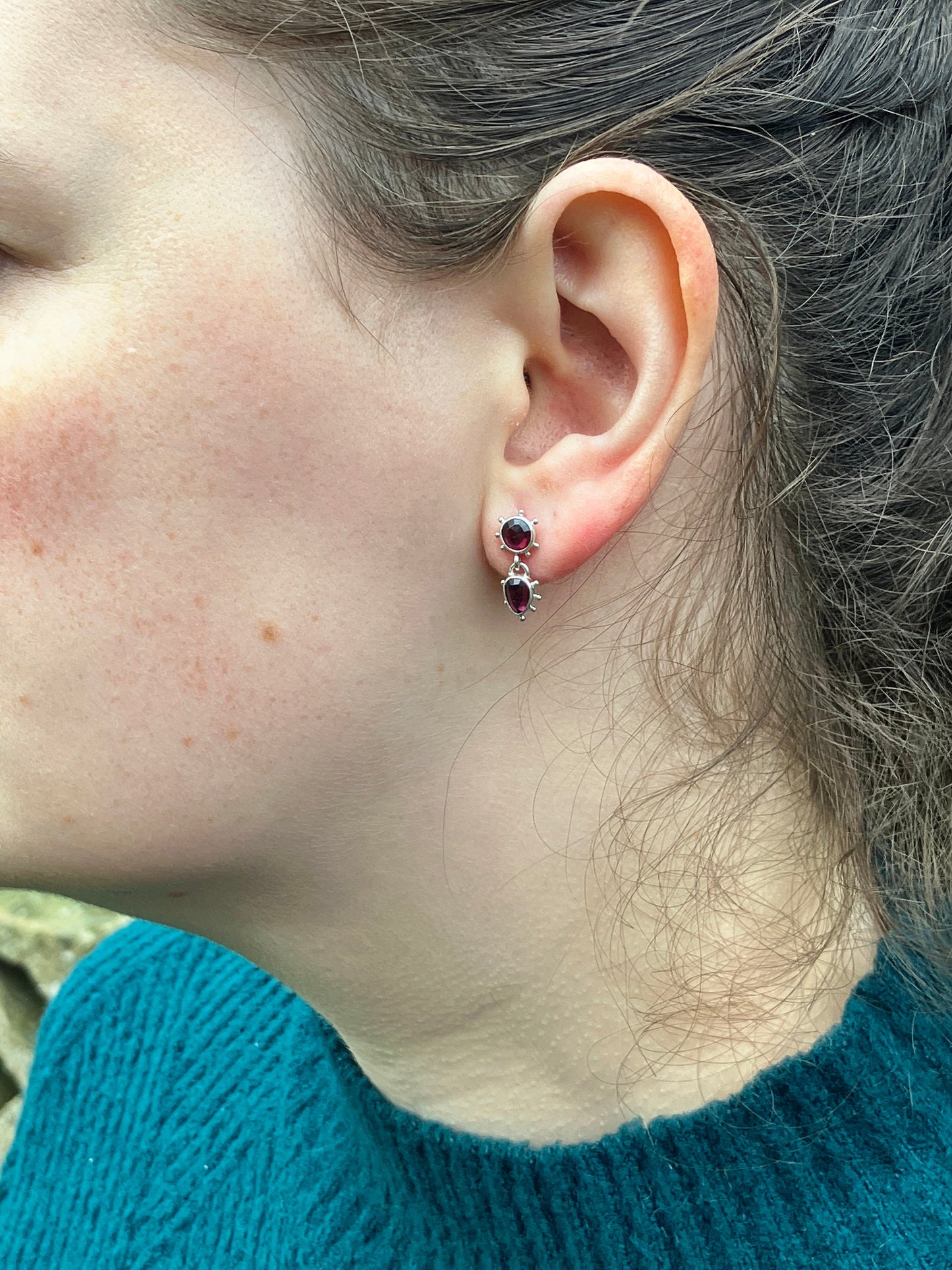 Garnet and Sterling Silver Stud Earrings with Granulation Detail