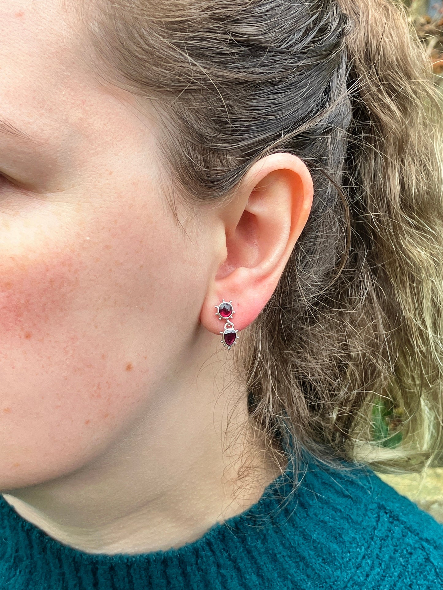 Garnet and Sterling Silver Stud Earrings with Granulation Detail